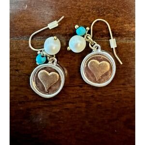 Gold & Silver Tone Heart Earrings with Pearl Like Accent Women Pierced Ears‎